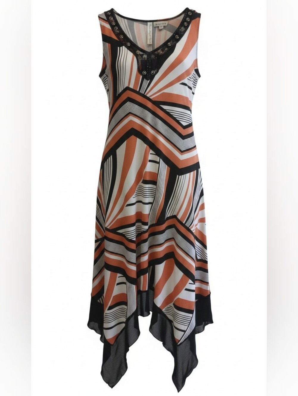 Sleeveless Geometric Print Handkerchief Hem Dress in Pink and Black